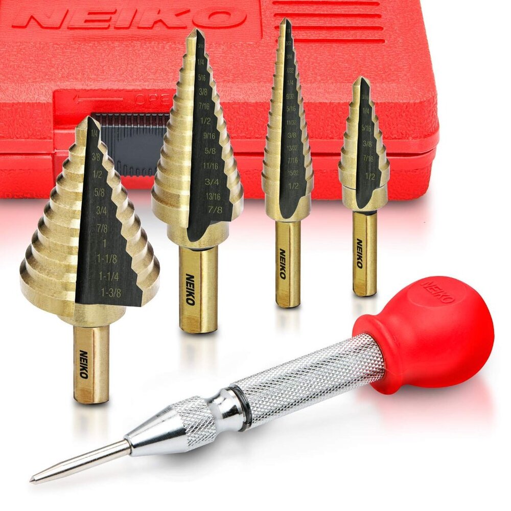 Step Drill Bit Set and Automatic Center Punch | 5 Piece, 41 SAE Sizes Total, 1/8
